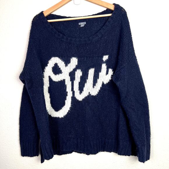 Aerie Women's Size XL Navy Blue Wide Scoop Neck "Oui" Spell Out Sweater - Picture 1 of 7